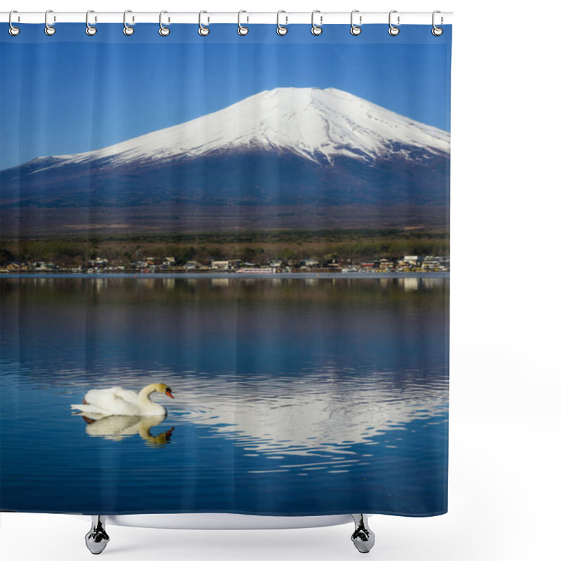 Personality  White Swan Swim On Yamanaka Lake With Mt. Fuji View, Yamanashi, Japan. 1 Of 5 Fujisan Lakes And Famous Travel Destination.  Vertical Photo For Phone Wallpaper Background. Shower Curtains