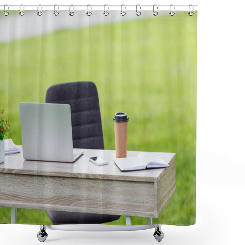 Personality  Office Table With Laptop, Coffee To Go, Notebook And Smartphone Near Office Chair In Park Shower Curtains