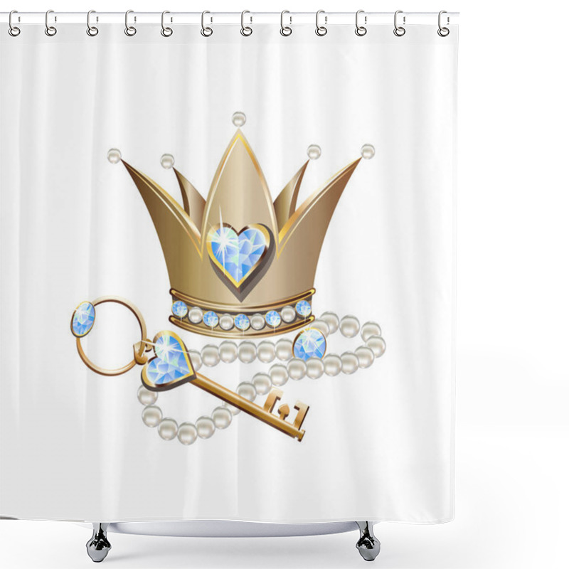 Personality  Fairy Tale Vector Illustration Of Princess Jewels. Crown Or Tiara With Pearls And Blue Stones, Pearl Necklace And Key. Shower Curtains