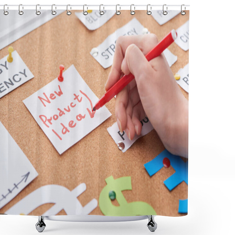 Personality  Cropped View Of Woman Holding Red Felt-tip Pen Near Card With New Product Idea Inscription On Cork Board Shower Curtains