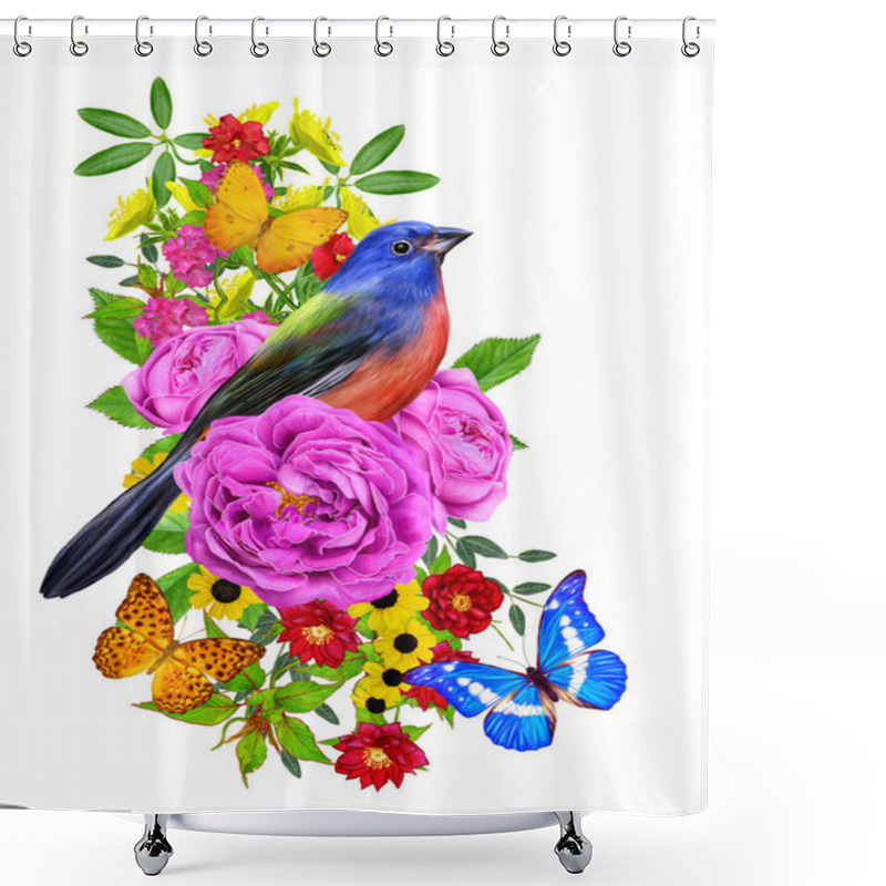 Personality  Bird Sits On A Branch Of Bright Red Flowers, Lilac Roses, Green Leaves, Beautiful Butterflies. Isolated On White Background. Flower Composition. Shower Curtains