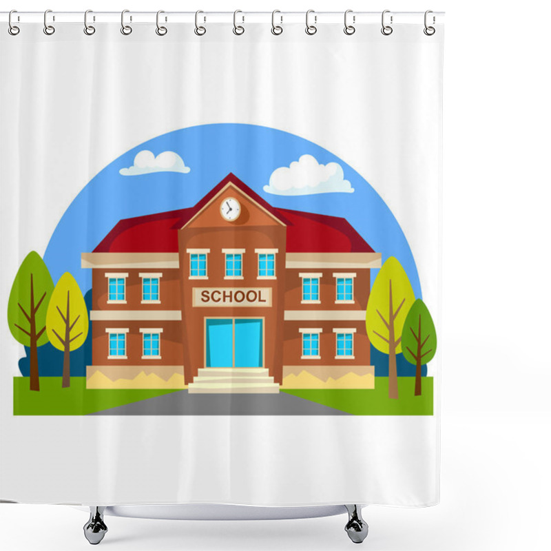 Personality  Modern School Buildings Exterior, Student City Concept, Elementary School Facade Urban Street Background, Icon Vector Illustration Shower Curtains