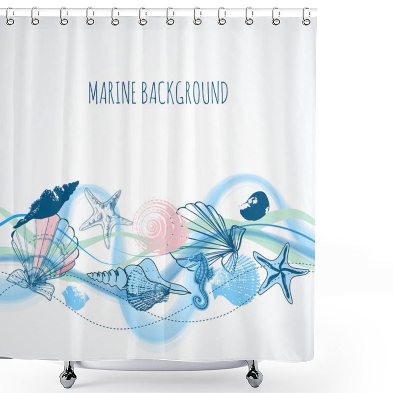 Personality  Sea Waves Background, Shells And Marine Life  Shower Curtains