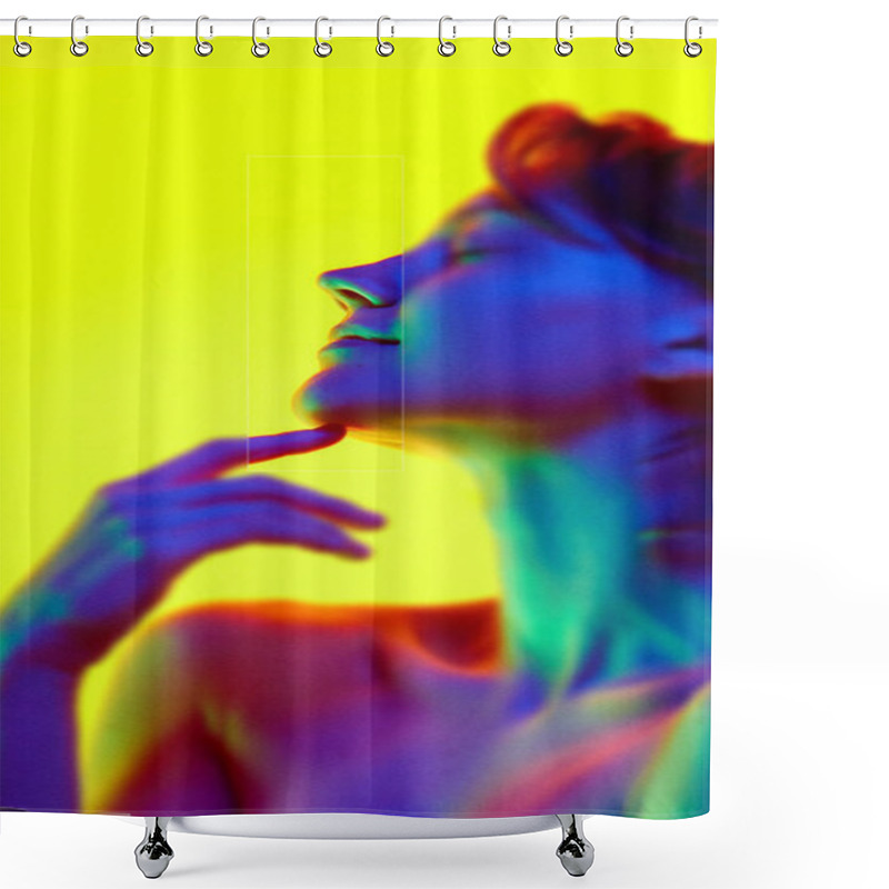 Personality  Contemporary Art Collage. Neon Hues Surround Female Face, With Eye And Cheekbone In Crisp Focus. Concept Of Emotions, Psychology, Human Rights, Communication And Social Issues Shower Curtains