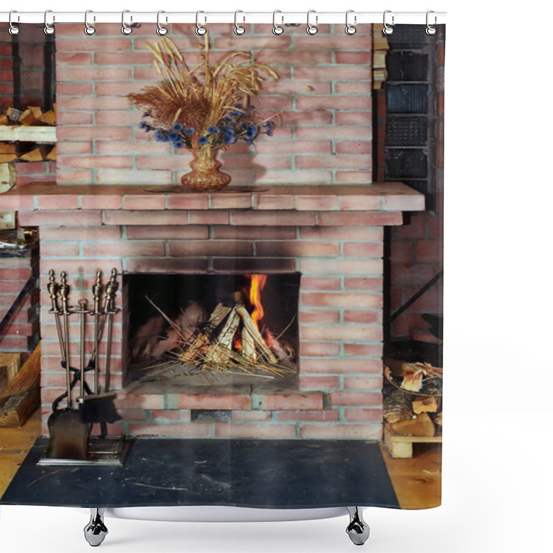 Personality  Village Fireplace With Fire Irons And Dead Flowers On Mantelshelf Shower Curtains