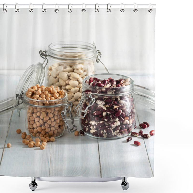 Personality  Various Beans In Glass Jars On Light Wooden Table Shower Curtains