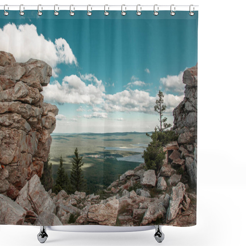 Personality  Beautiful Landscape With A Mountain Range On A Blue Sky With White Clouds On The Forest Meadows And Lake In Summer Russia, Chelyabinsk Region, Zyuratkul Range Shower Curtains