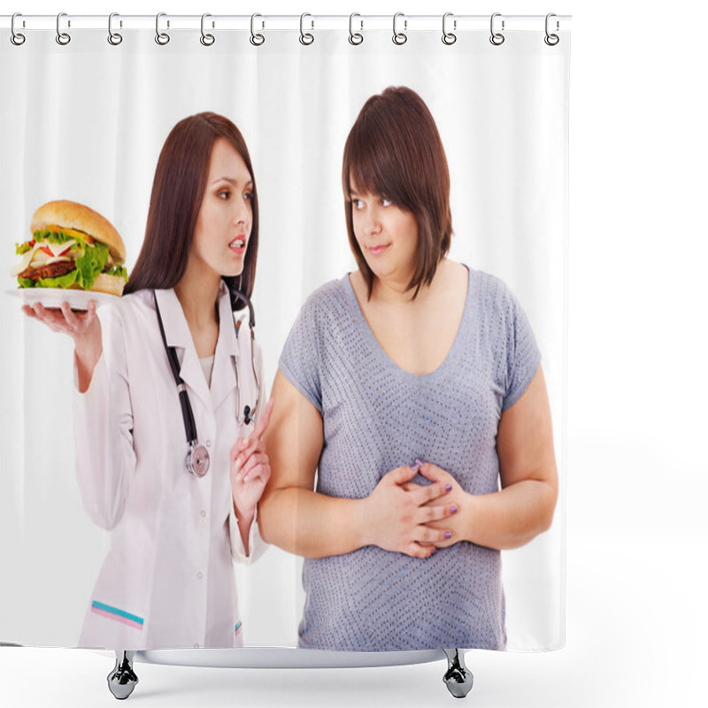 Personality  Woman With Hamburger And Doctor. Shower Curtains