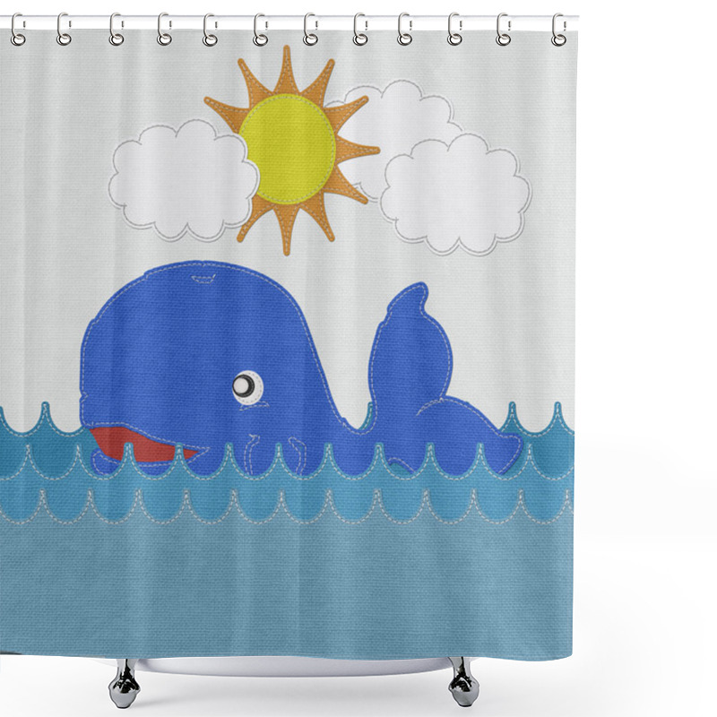 Personality  Cute Smiling Whale With Stitch Style On Fabric Background Shower Curtains