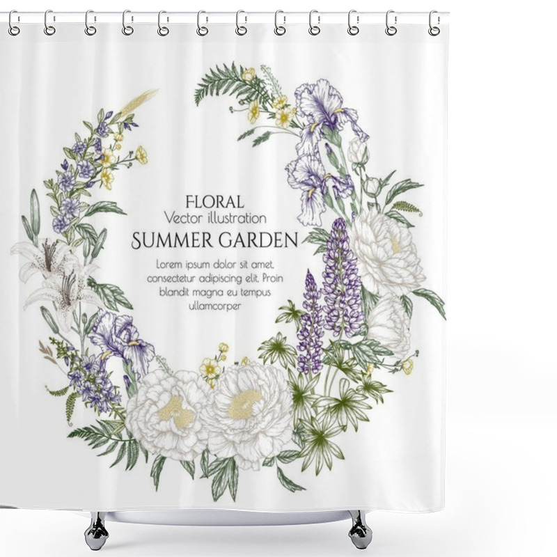 Personality   Vector Frame Summer Garden In Engraving Style. Lily, Lupine, Bluebells, Peony, Periwinkle, Buttercups, Irises Shower Curtains