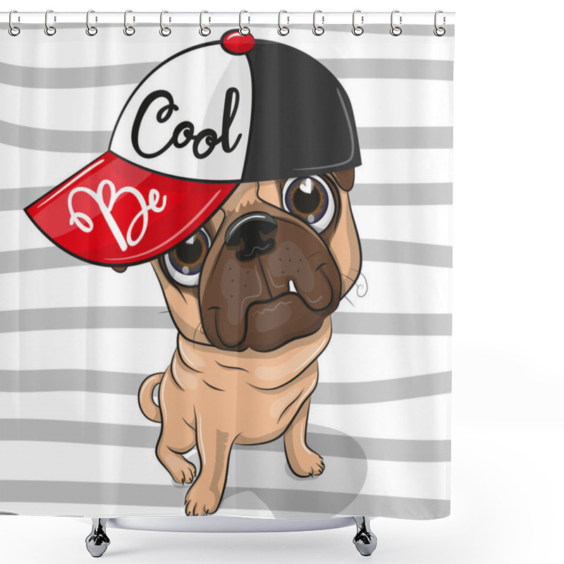 Personality  Cute Cartoon Pug Dog With A Red Cap On Striped Background Shower Curtains