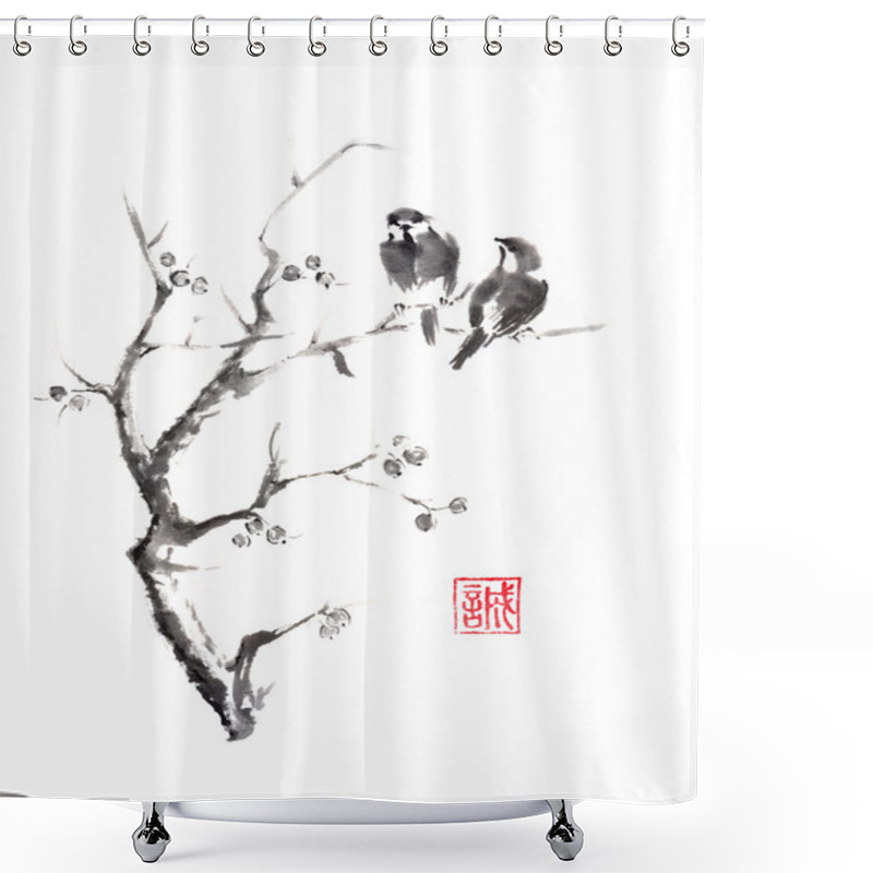 Personality  Tow Birds On Tree Original Sumi-e Ink Painting. Shower Curtains