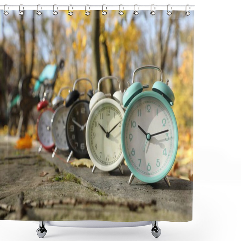 Personality  Alarm Clocks On Paved Pathway In Park At Autumn Shower Curtains