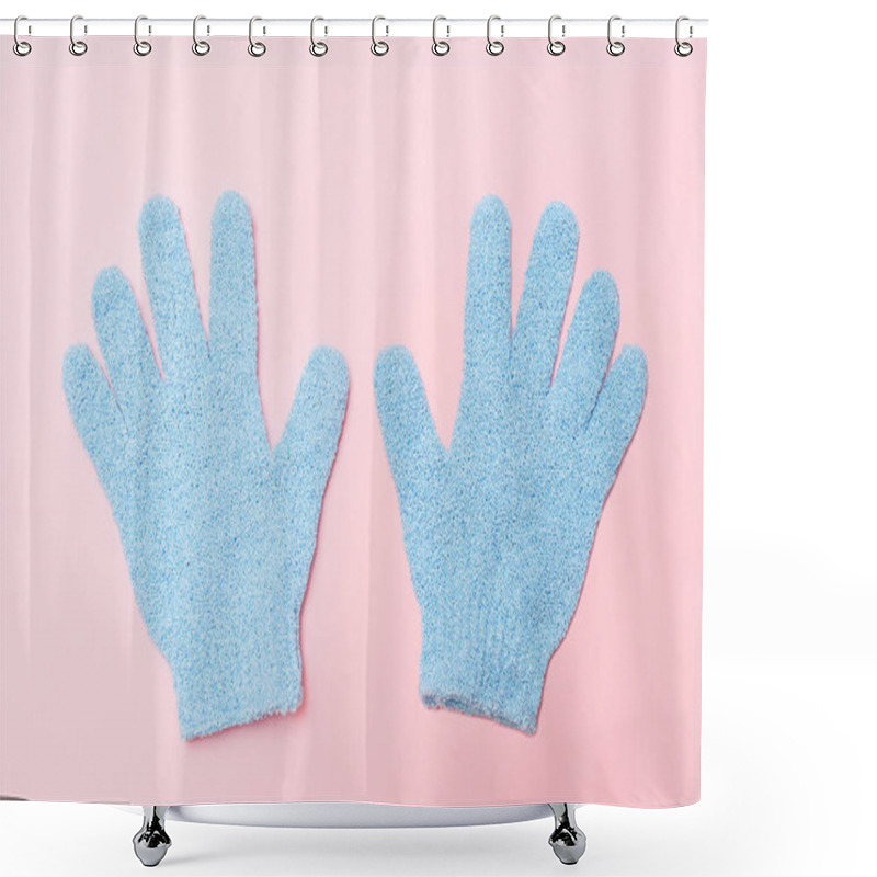 Personality  Woman Exfoliating Hydro Glove On Pink Background. Massage And Scrub. Health, Spa And Beauty Concept. Shower Curtains