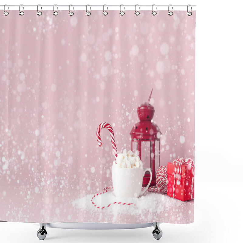 Personality  White Mug With Marshmallows Candy Cane Gifts Boxes Christmas New Year Ball Packaging Lace Flashlight In The Snow On Pink Background Flat Lay. Winter Traditional Drink Food Festive Decor Celebration Shower Curtains