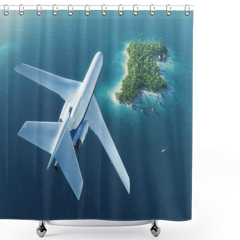 Personality  Large Passenger Plane Flies Over Paradise Tropical Island Shower Curtains