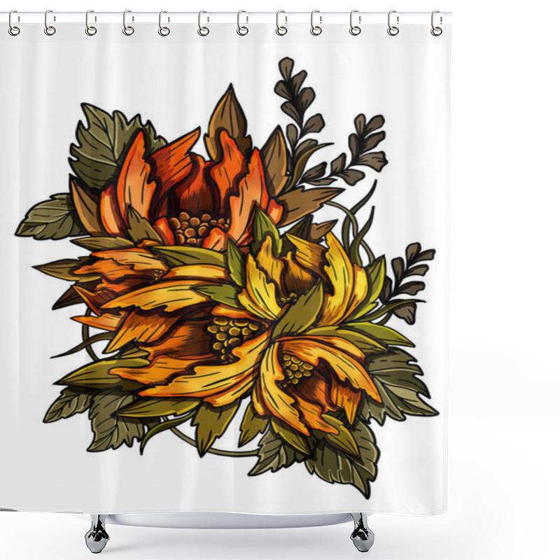 Personality  Blooming, Drawn Graphic Bouquet, Orange Plants Of Autumn With Big Petal And Leaves Close-up, Isolated Silhouette Of Tender Beautiful Flowers, Nature Element Without A Background. Shower Curtains