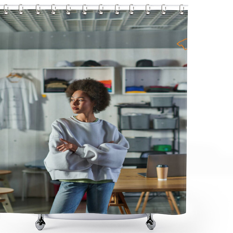 Personality  Confident Young African American Craftswoman In Sweatshirt And Jeans Crossing Arms While Standing In Blurred Print Studio, Enthusiastic Business Owner Working In Workshop Shower Curtains