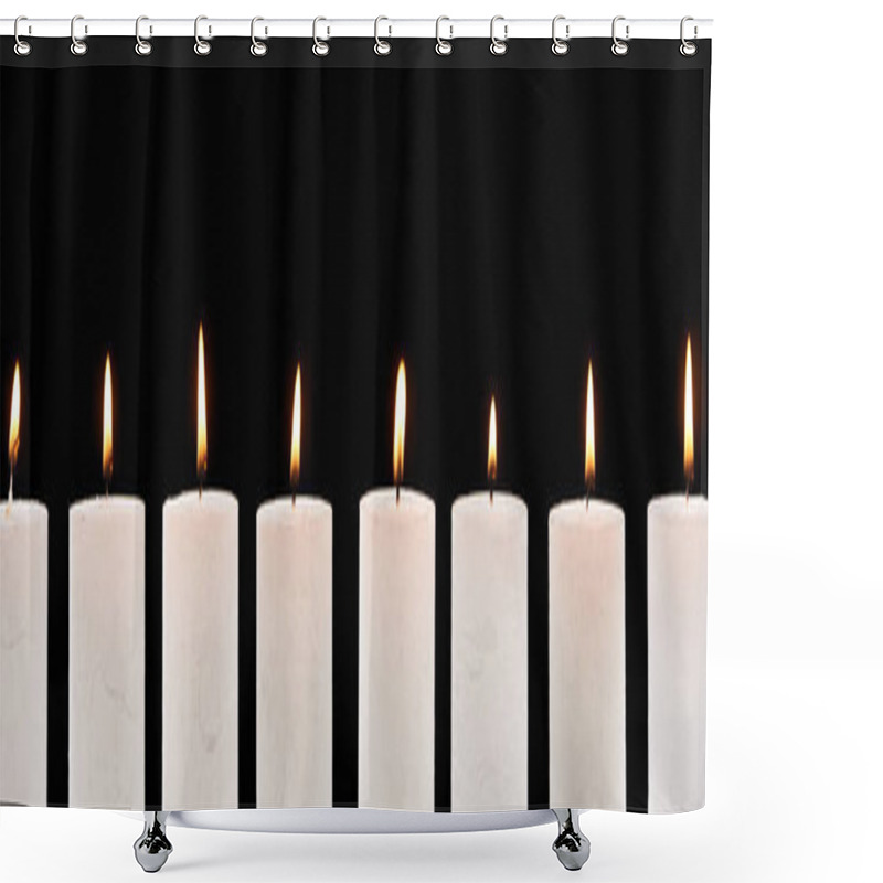 Personality  Burning White Candles Glowing In Line Isolated On Black, Panoramic Shot Shower Curtains