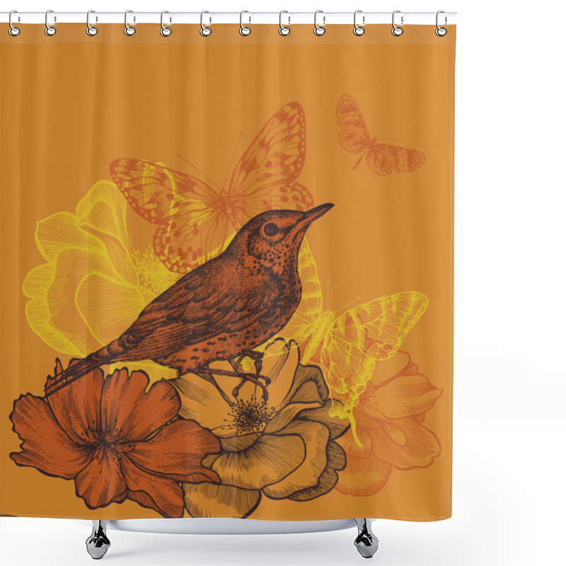 Personality  Floral Background With A Bird Blackbird, Blooming Roses And Butt Shower Curtains