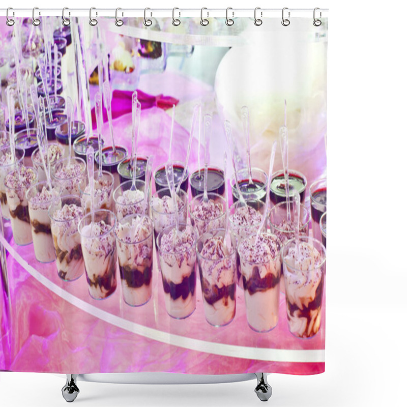 Personality  Sweet Buffet On A Pink Table In A Party Shower Curtains