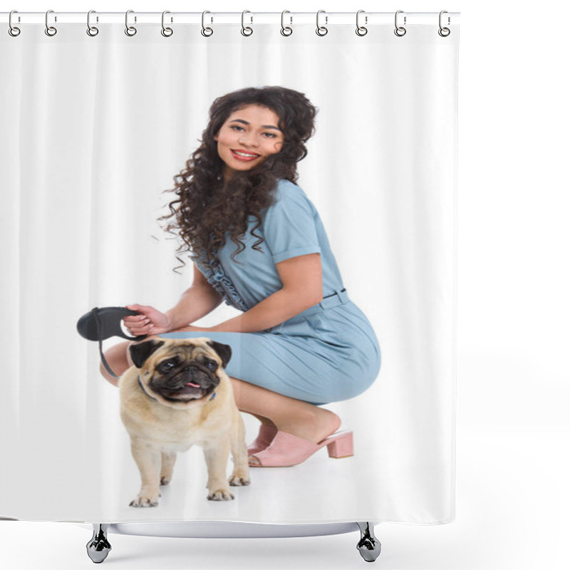 Personality  Attractive Young Woman With Leashed Pug Isolated On White Shower Curtains