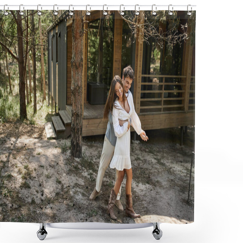 Personality  Happy Man Hugging Woman And Smiling Near Vacation House, Forest, Summer And Romance, Couple In Love Shower Curtains