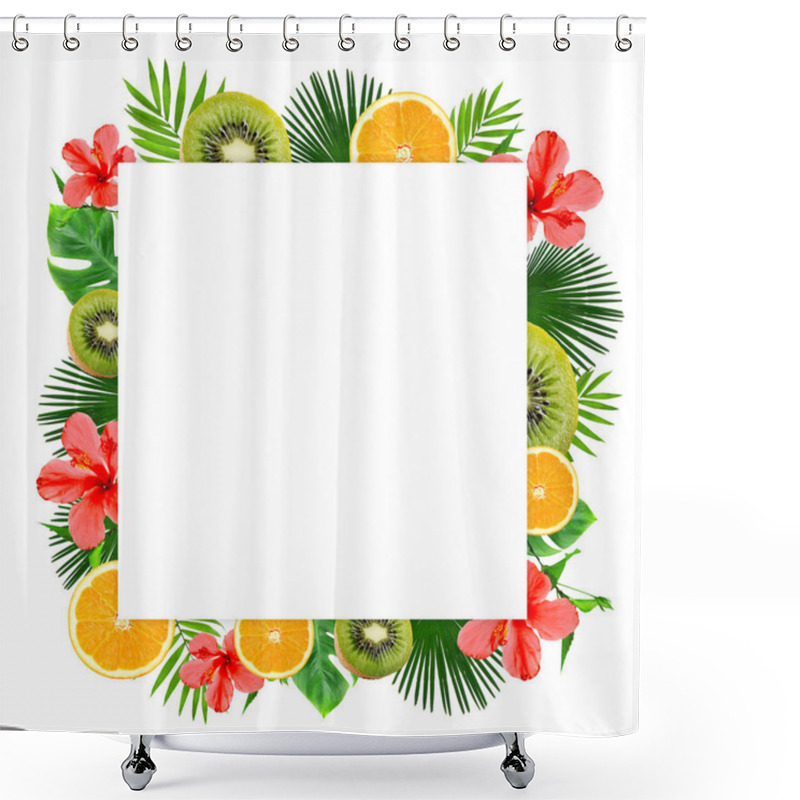 Personality  Frame Of Tropical Leaves, Sliced Fruits And Flowers  Shower Curtains