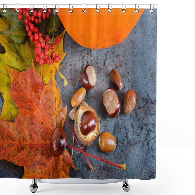 Personality  Autumn Maple Leaves With Pumpkin And Chestnuts Shower Curtains