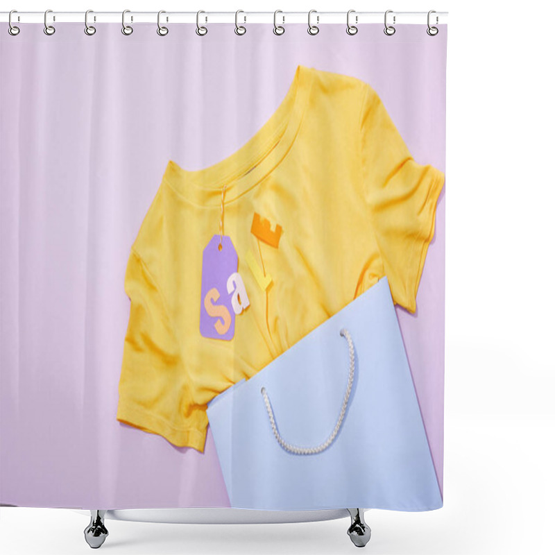 Personality  Top View Of Sale Lettering On Yellow T-shirt With Purple Paper Tag In Shopping Bag On Violet  Shower Curtains