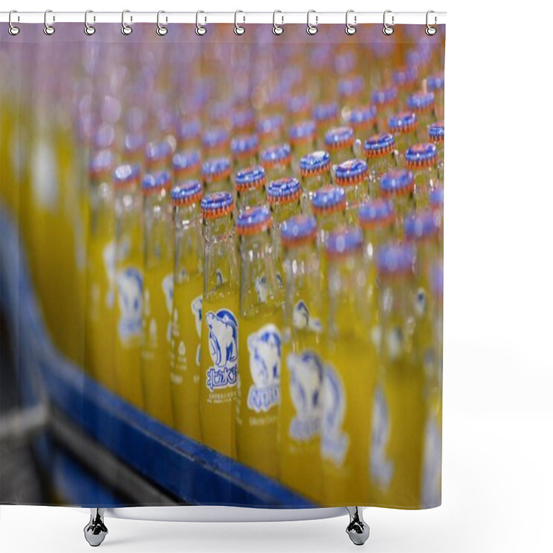 Personality  Bottles Of Orange Soda Are Being Produced On The Assembly Line At The Processing And Bottling Factory Of Beijing-based Beverage Brand Beibingyang In Beijing, China, 29 May 2018 Shower Curtains