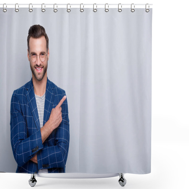 Personality  Portrait Of His He Nice Classy Attractive Well-dressed Imposing Cheerful Cheery Glad Bearded Guy In Checked Blazer Showing Copy Space Ad Advert Isolated Over Light Grey Pastel Color Background Shower Curtains