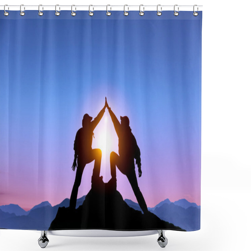 Personality  The Silhouette Of Two Man With Success Gesture Standing On The Top Of Mountain Shower Curtains