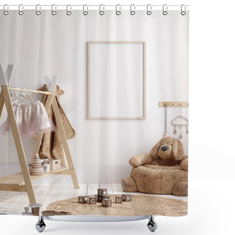 Personality  Mock Up Frame In Children Room With Natural Wooden Furniture, 3D Render Shower Curtains