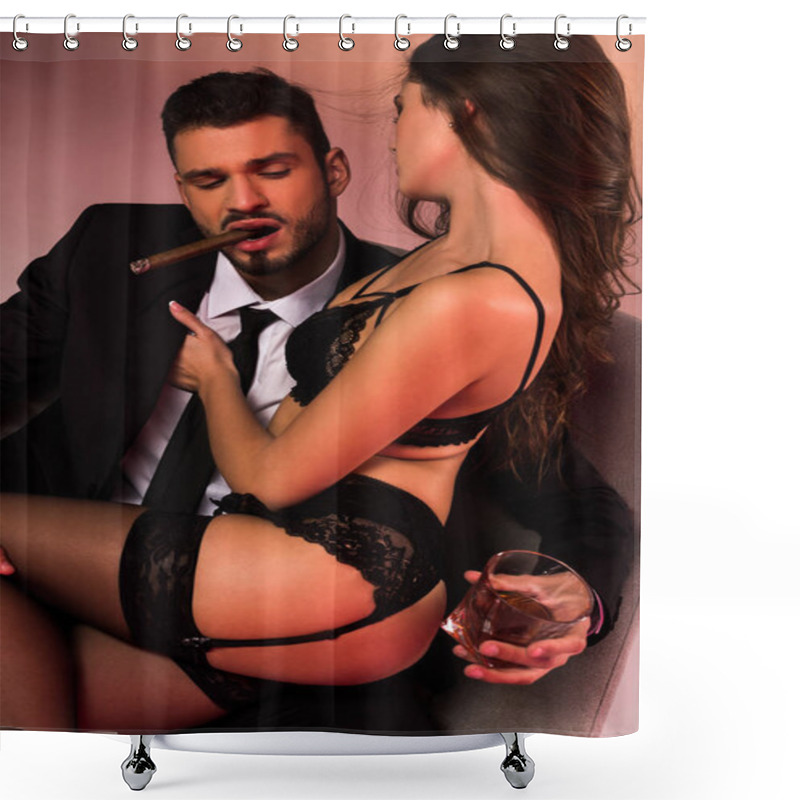 Personality  Successful Businessman Sitting On Armchair With Beautiful Girl In Lingerie Shower Curtains