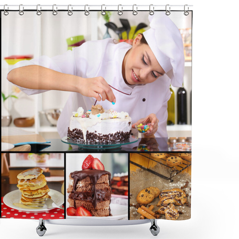 Personality  Collage Of Confectionery Theme Consisting Of Delicious Pastries And Cook Shower Curtains