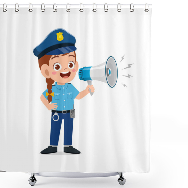 Personality  Happy Cute Little Kid Girl Wearing Police Uniform And Holding Megaphone Shower Curtains