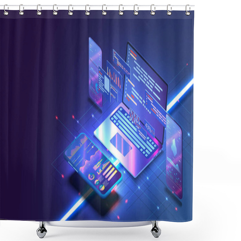 Personality  Application Of Smartphone With Business Graph And Analytics Data On Isometric Mobile Phone. Analysis Trends And Software Development Coding Process Concept. Programming, Testing Cross Platform Shower Curtains