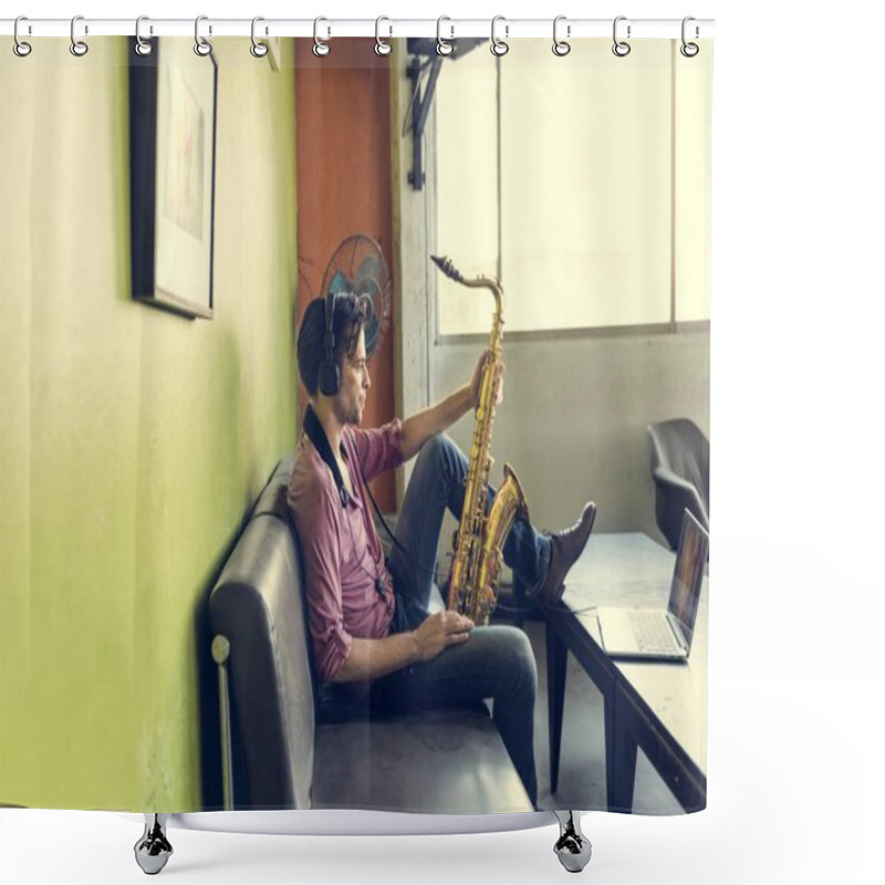 Personality  Handsome Jazzman Holding Saxophone Shower Curtains