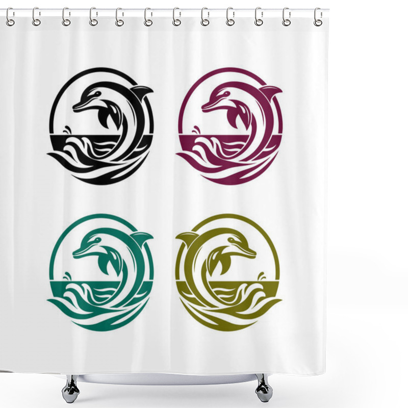 Personality  Dolphin Logos In Black, Purple, Green, And Brown With Tribal Wave Patterns Shower Curtains