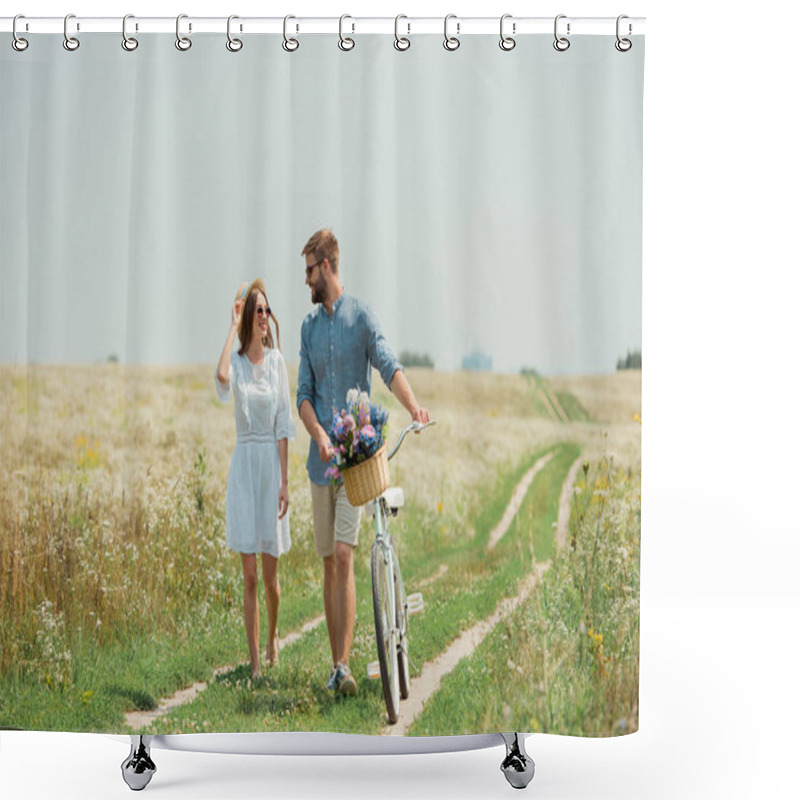 Personality  Smiling Couple In Sunglasses With Retro Bicycle In Summer Field With Wild Flowers Shower Curtains