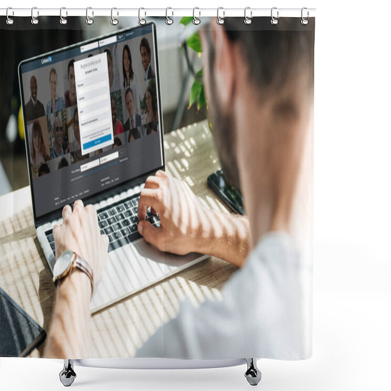 Personality  Partial View Of Man Using Laptop With Linkedin Website On Screen Shower Curtains