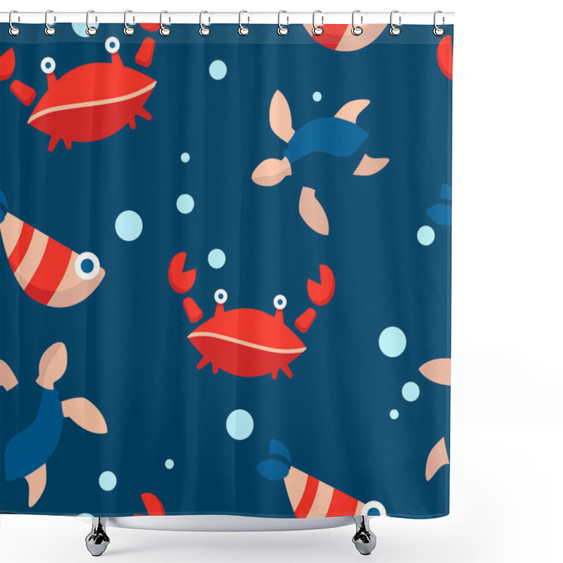 Personality  Baby Seamless Pattern With Red Crabs,fish, Turtles And Bubbles On A Dark Blue Background. Cartoon Flat Design. Marine Theme. For Packaging, Paper, Fabric. Print For Clothes Shower Curtains