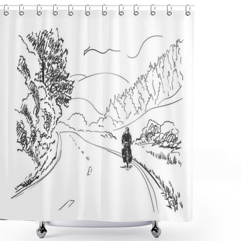 Personality  Sketch Of Long Distance Cyclist Cycling On Rural Road, Hand Drawn Vector Illustration Shower Curtains