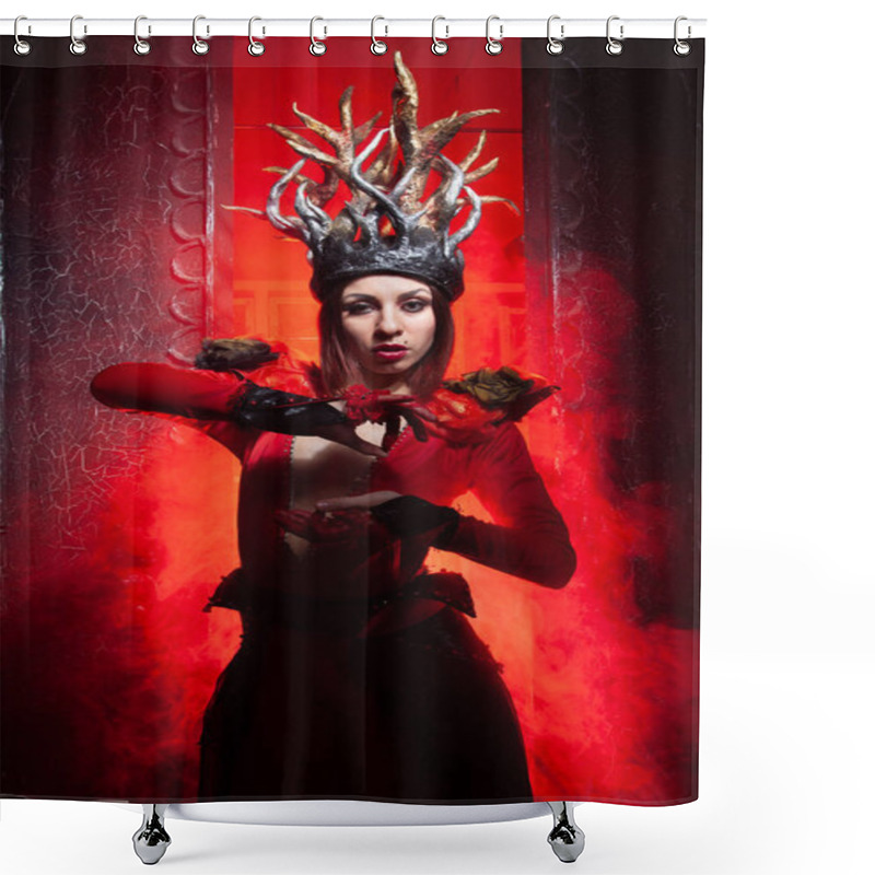 Personality  Beautiful Fashion Witch Woman With Horns In The Form Of Tree Roots In A Long Luxurious Dress On The Background Of A Huge Gate With Red Smoke. Halloween Concept Shower Curtains