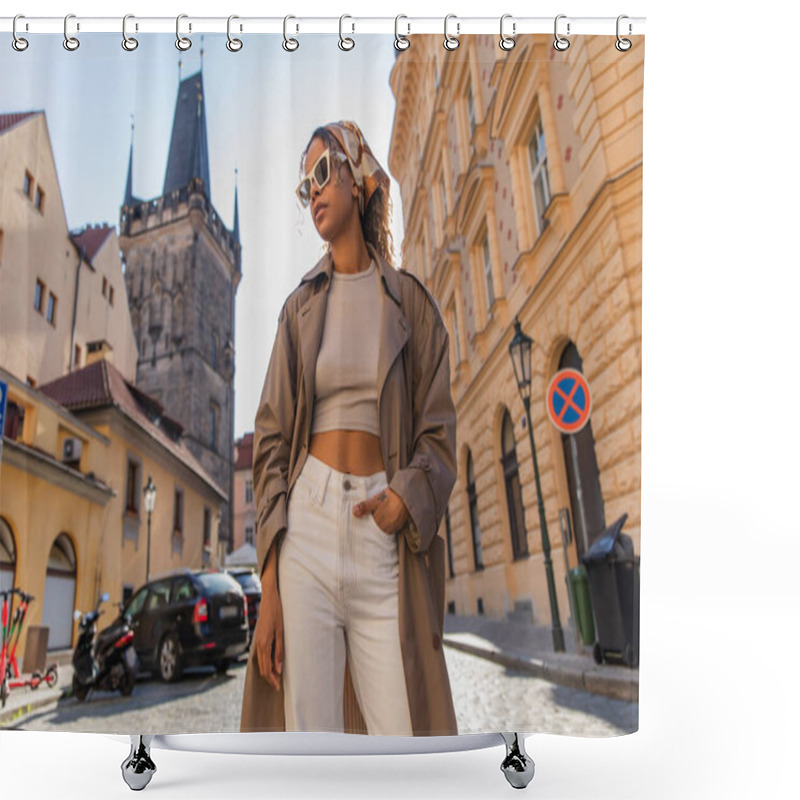 Personality  Low Angle View Of Stylish African American Woman Posing Near Old Town Hall Tower In Prague Shower Curtains