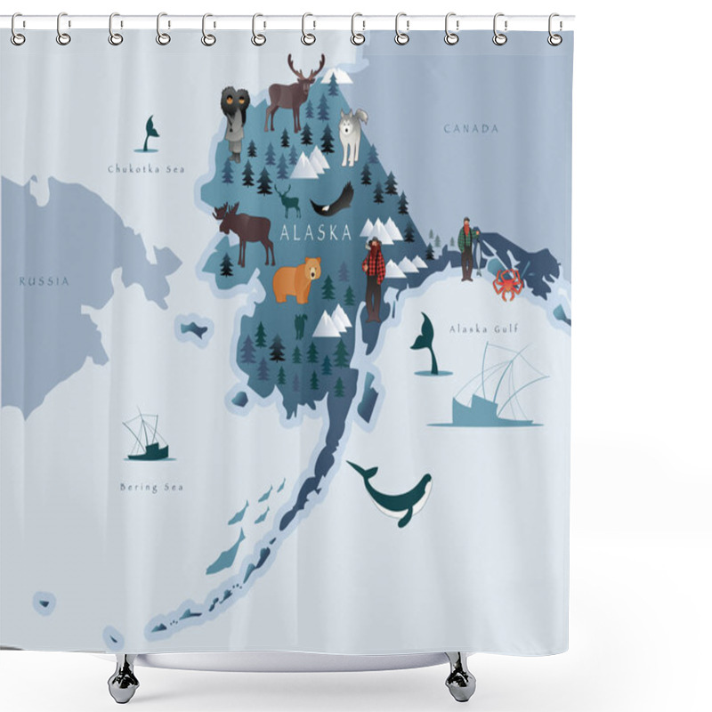 Personality  Map Of Alaska With Animals, Eskimos, Forests, Mountains, Hunters, Boats, Fish And Fishermen Shower Curtains