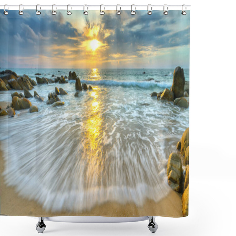 Personality  Dawn On Beautiful Beaches With White Sand Streaks Waves Like Silk To Create Many Beautiful Shapes On The Beach Has Many Rocks, Shower Curtains