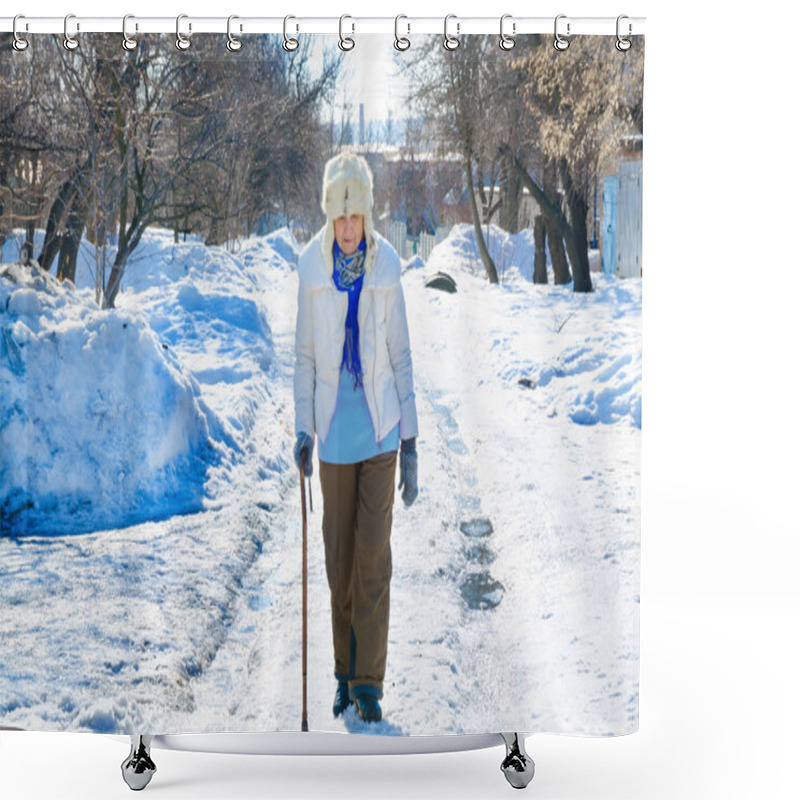 Personality  Grandmother Walk With Cane On Road. Old Person Leaning On A Walking Stick. Caucasian Female Senior At Cold Winter. Fashion Lady Outside. Healthy Leisure Of Grandma In Fur Hat. . Shower Curtains