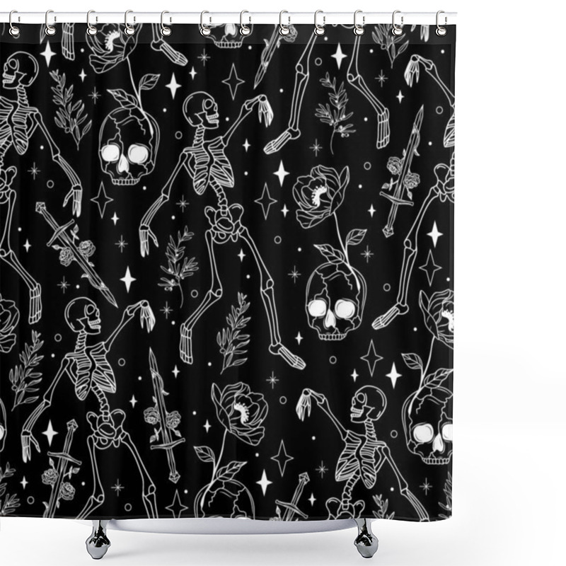 Personality  Dancing Skeletons And Skull With Flowers Seamless Pattern. Hand-Drawn Vector Background Shower Curtains